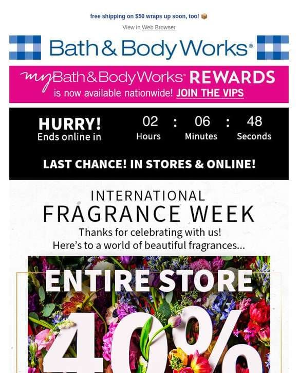 🏃 last chance to score 40% off EVERYTHING this International Fragrance Week!