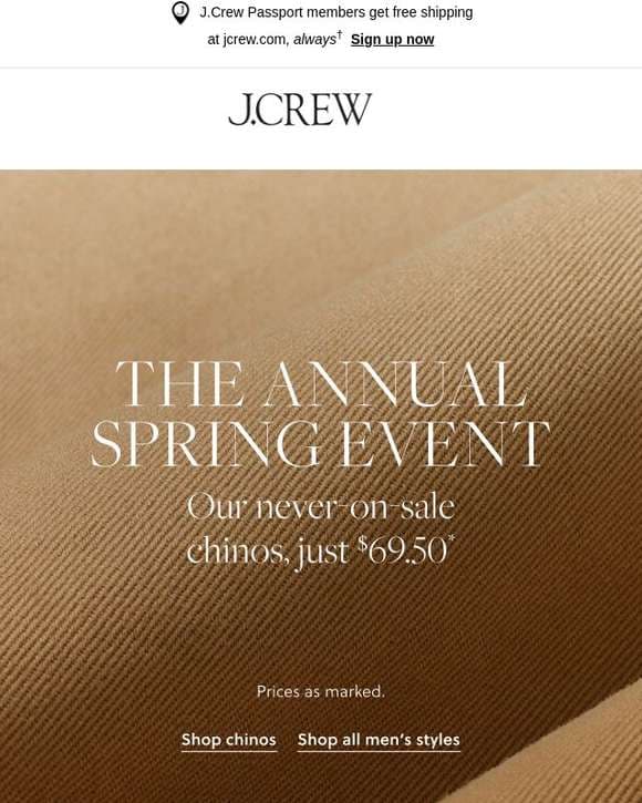 Ends tonight: never-on-sale chinos, just $69.50