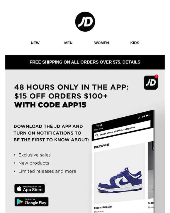 48 hour app-only offer 🚨 $15 off orders $100+