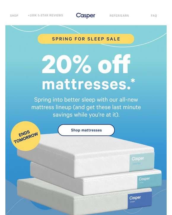 🚨 Ends tomorrow: 20% off mattresses during our Spring For Sleep Sale!