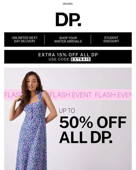 Extra 15% off + up to 50% off DP